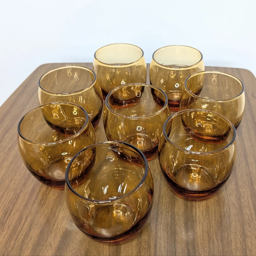 Set Of 8 Vintage 60s 70s MCM Amber Color Roly Poly Glasses Whiskey Stemless Wine